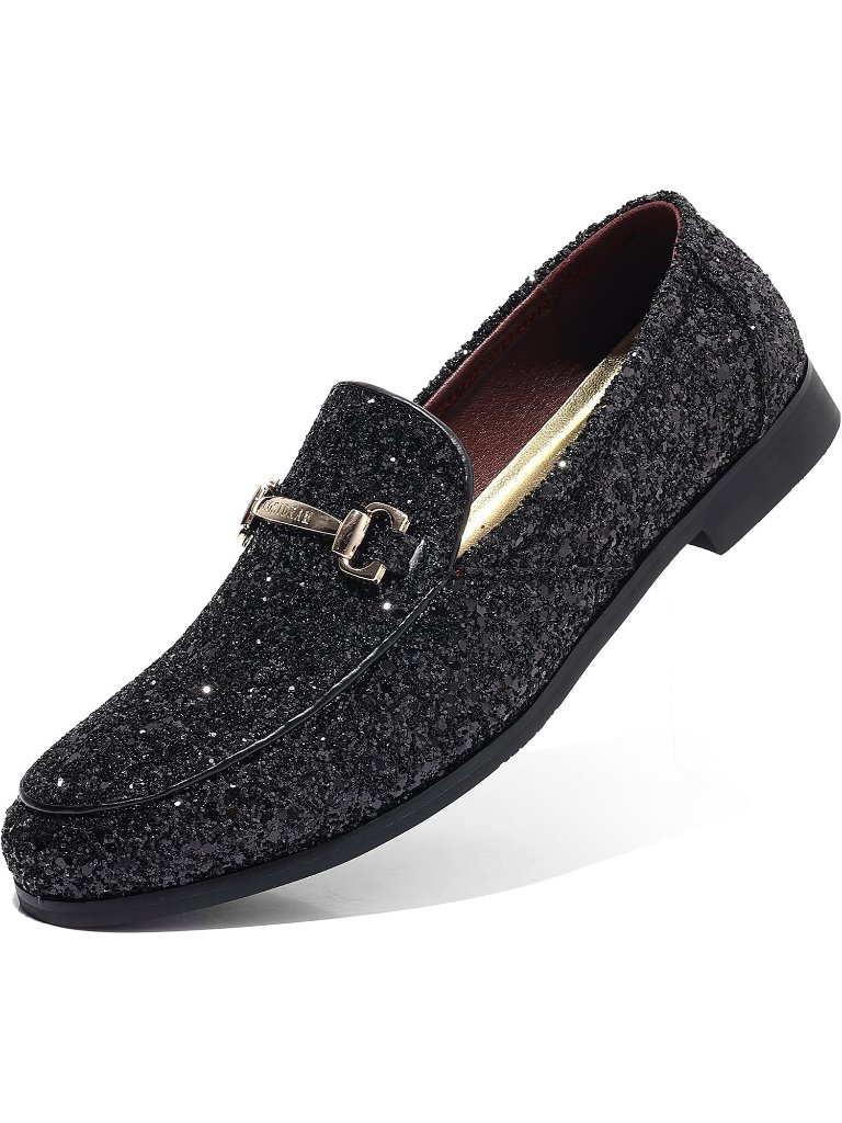 Men's Black Rubber Sole Glitter Sequins Loafers Tuxedo Gold Buckle Luxury Shoes